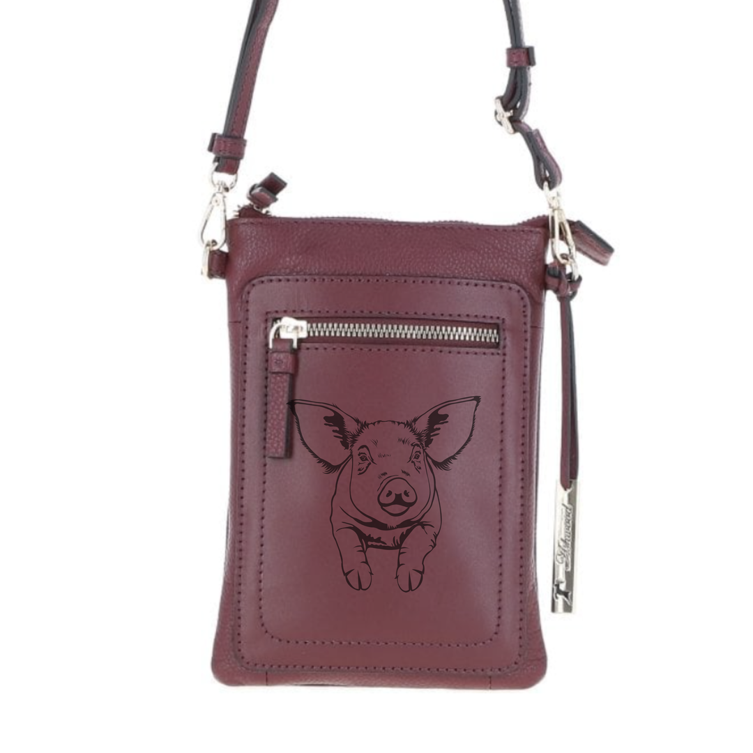 Personalised Pig Engraved Leather Crossbody Smart Phone Bag