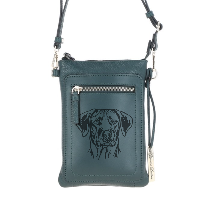 Personalised Rhodesian Ridgeback Engraved Leather Crossbody Smart Phone Bag