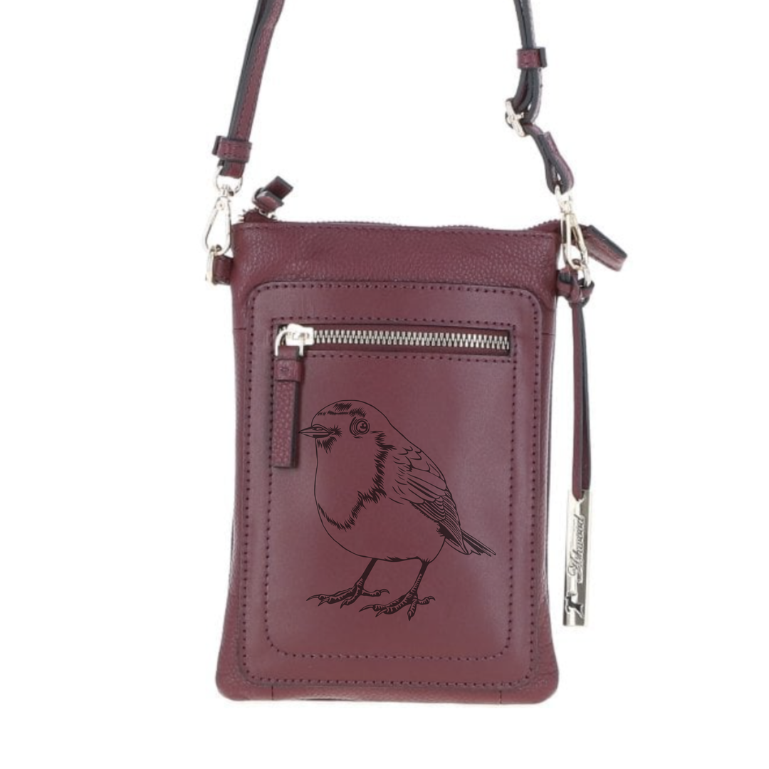 Personalised Robin Engraved Leather Crossbody Smart Phone Bag