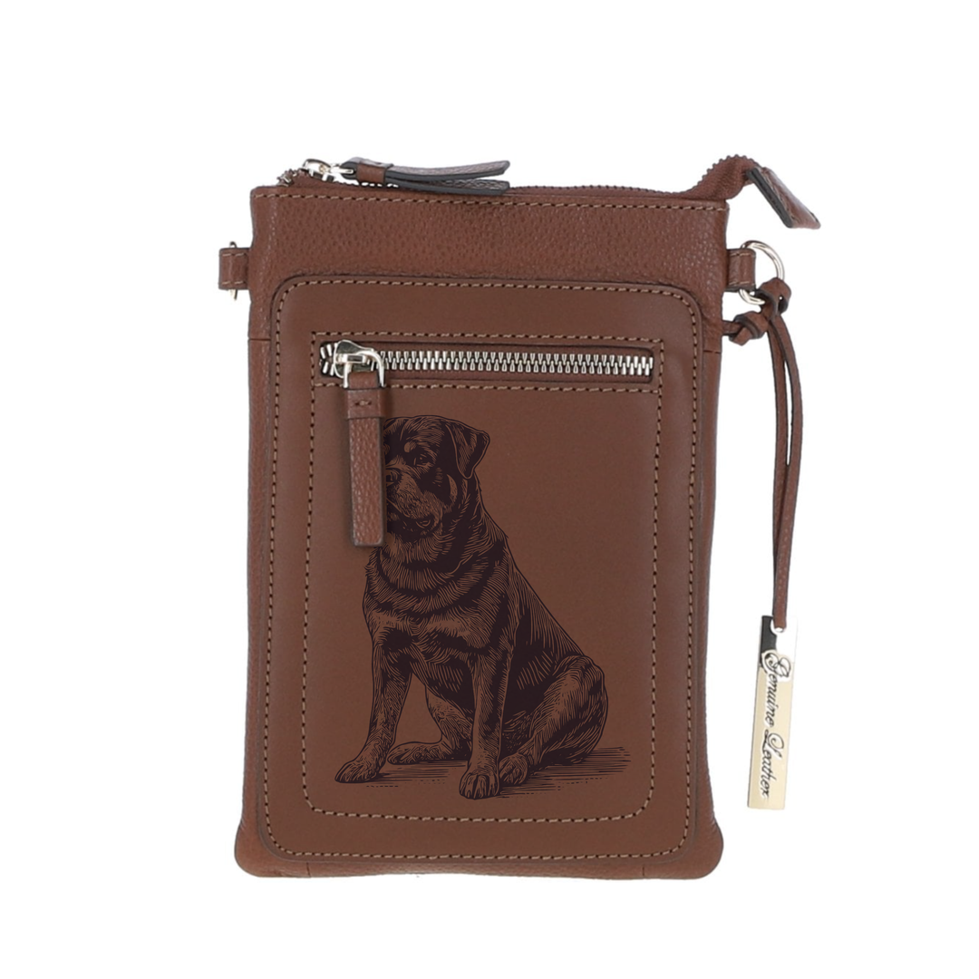 Personalised Rottweiler Sitting Engraved Leather Crossbody Smart Phone Bag