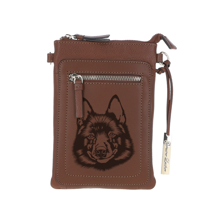 Personalised Schipperke Engraved Leather Crossbody Smart Phone Bag