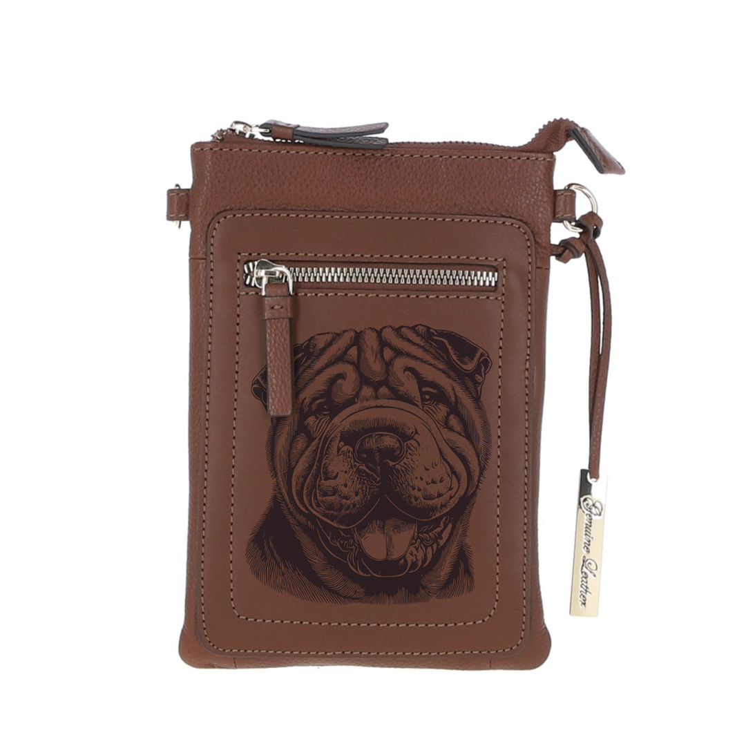 Personalised Shar Pei Face Engraved Leather Crossbody Smart Phone Bag