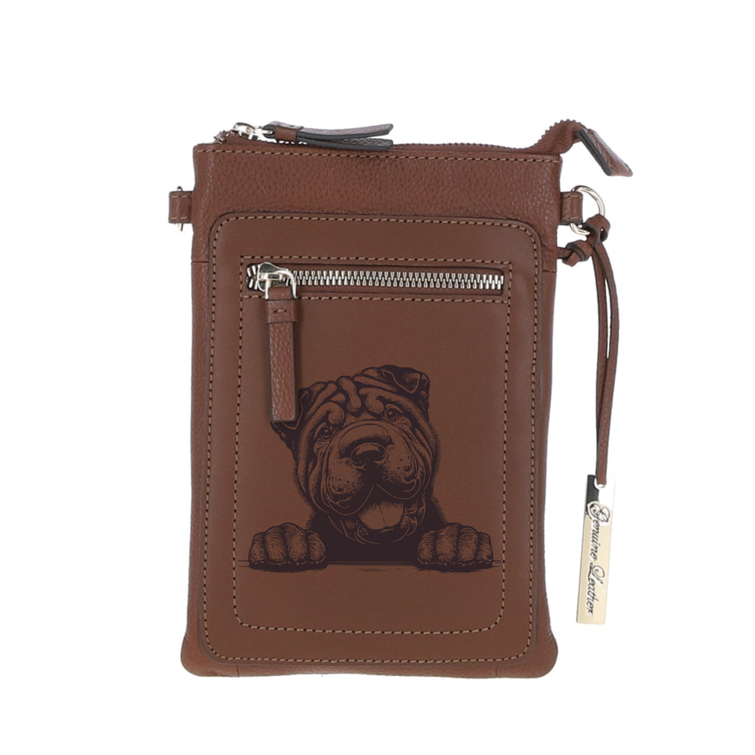 Personalised Shar Pei Paws Engraved Leather Crossbody Smart Phone Bag