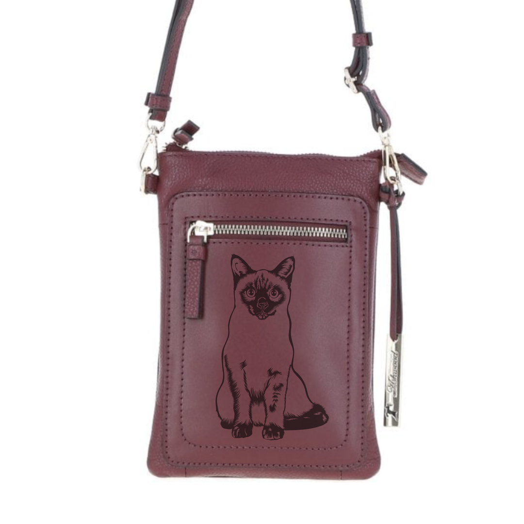 Personalised Siamese Cat Engraved Leather Crossbody Smart Phone Bag