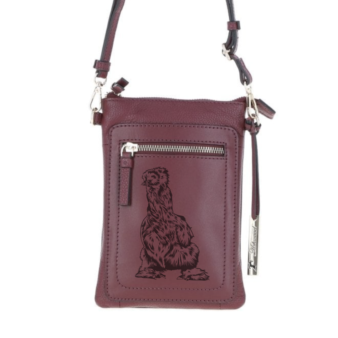 Personalised Silkie Chicken Engraved Leather Crossbody Smart Phone Bag