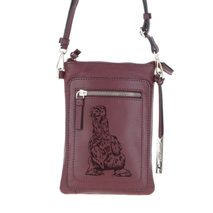 Personalised Silkie Chicken Engraved Leather Crossbody Smart Phone Bag