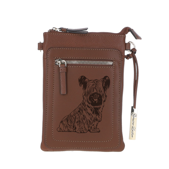 Personalised Skye Terrier Standing Engraved Leather Crossbody Smart Phone Bag
