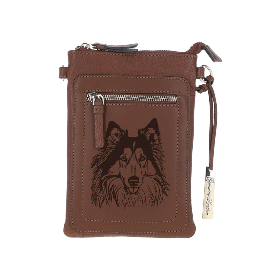 Personalised Rough Collie Engraved Leather Crossbody Smart Phone Bag