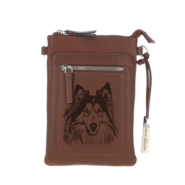 Personalised Rough Collie Engraved Leather Crossbody Smart Phone Bag