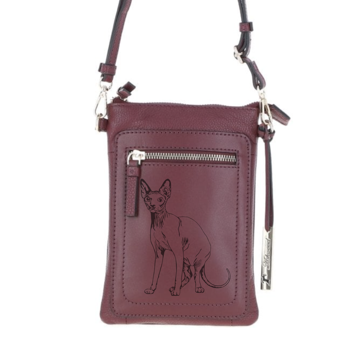 Personalised Sphynx Cat Engraved Leather Crossbody Smart Phone Bag