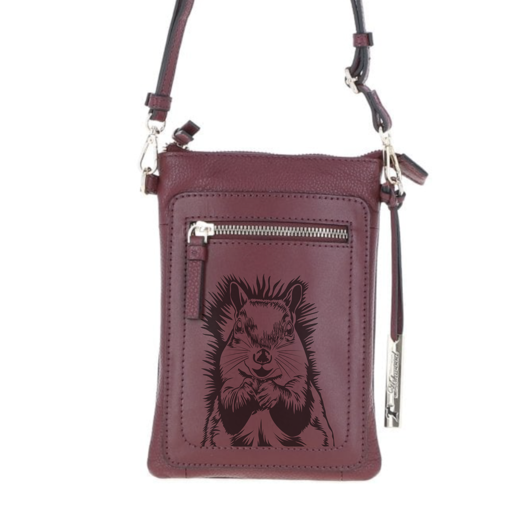 Personalised Squirrel Face Engraved Leather Crossbody Smart Phone Bag