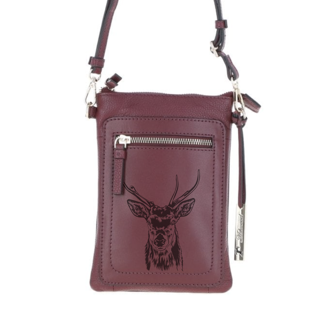 Personalised Stag Engraved Leather Crossbody Smart Phone Bag