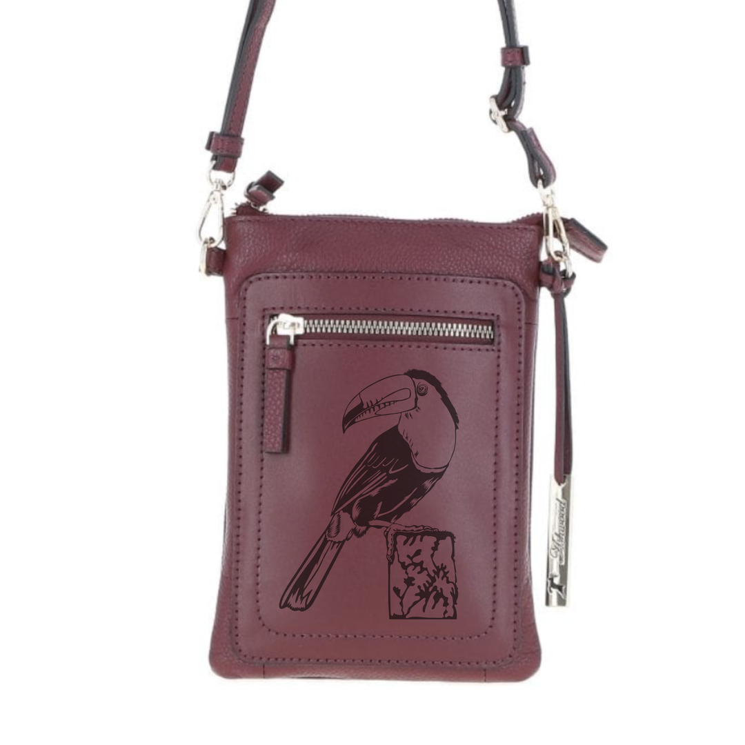 Personalised Tucan Engraved Leather Crossbody Smart Phone Bag