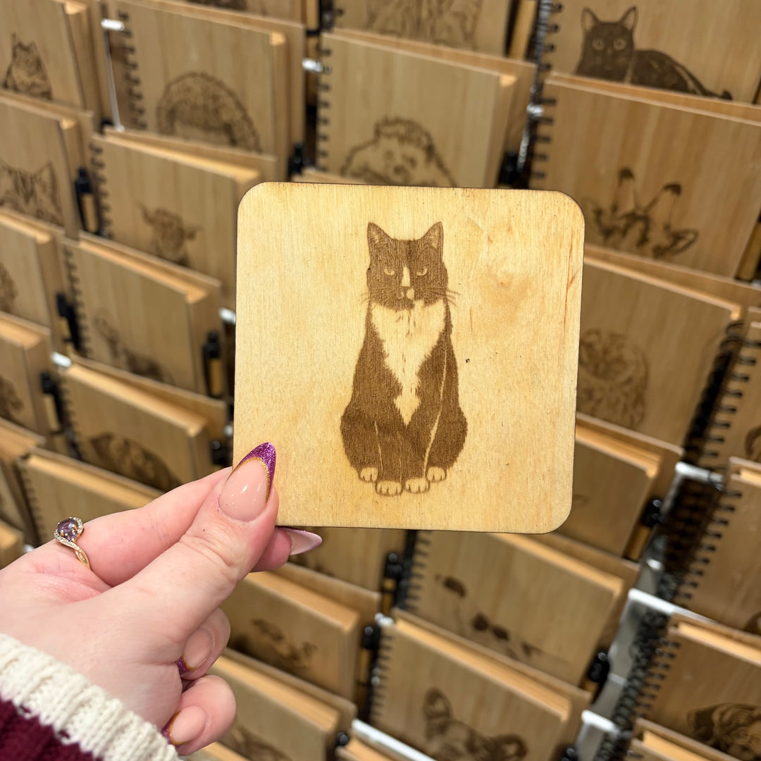 Black and White Tuxedo Cat Sitting Illustration Engraved Wooden Coaster
