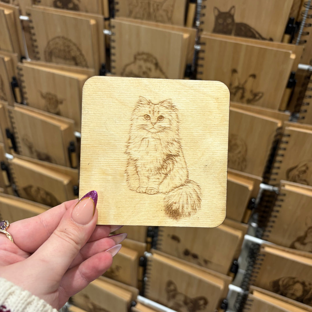 Persian Cat Sitting Illustration Engraved Wooden Coaster