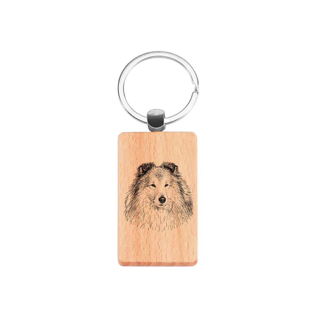 Shetland Sheepdog Face Engraved Rectangle Wooden Keyring