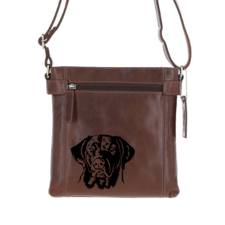 Labrador D Face Engraved Leather Two Section Zip Top Crossbody Bag