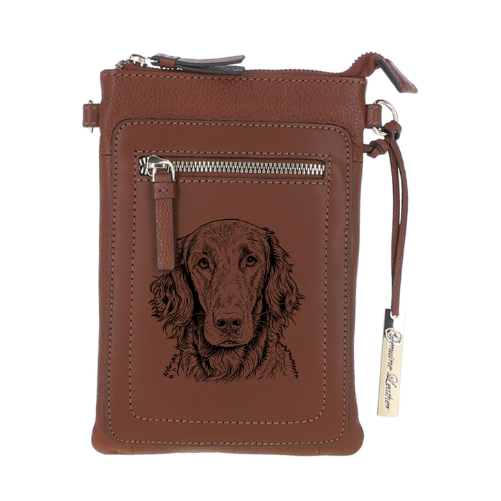 Personalised Flat Coat Retriever Face Engraved Leather Crossbody Smart Phone Bag