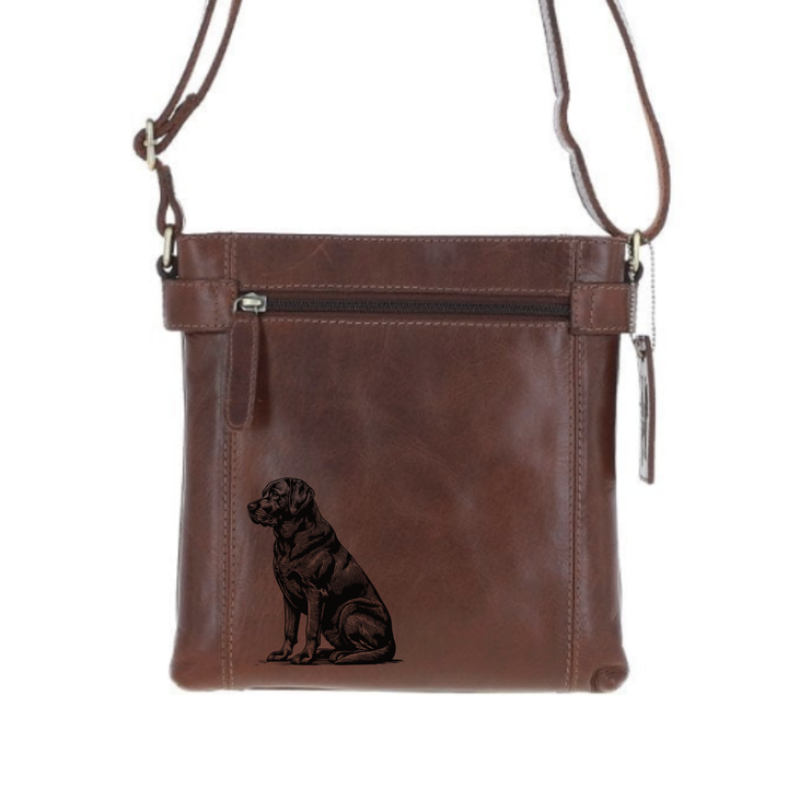 Labrador Sitting Engraved Leather Two Section Zip Top Crossbody Bag