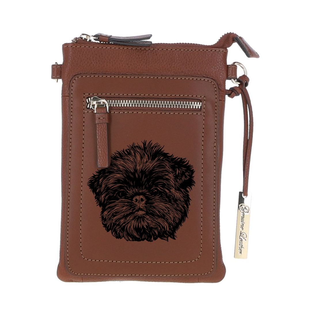 Personalised Affenpinscher Face Engraved Leather Crossbody Smart Phone Bag