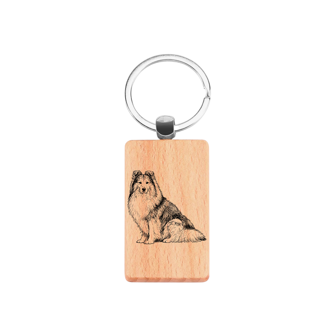 Shetland Sheepdog Sitting Engraved Rectangle Wooden Keyring