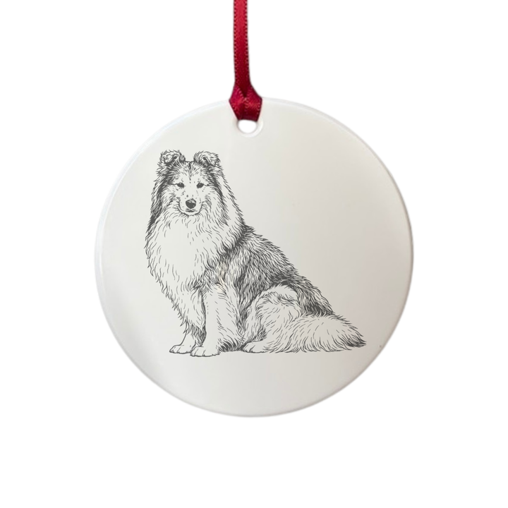Personalised Shetland Sheepdog Sitting Engraved White Acrylic Decoration