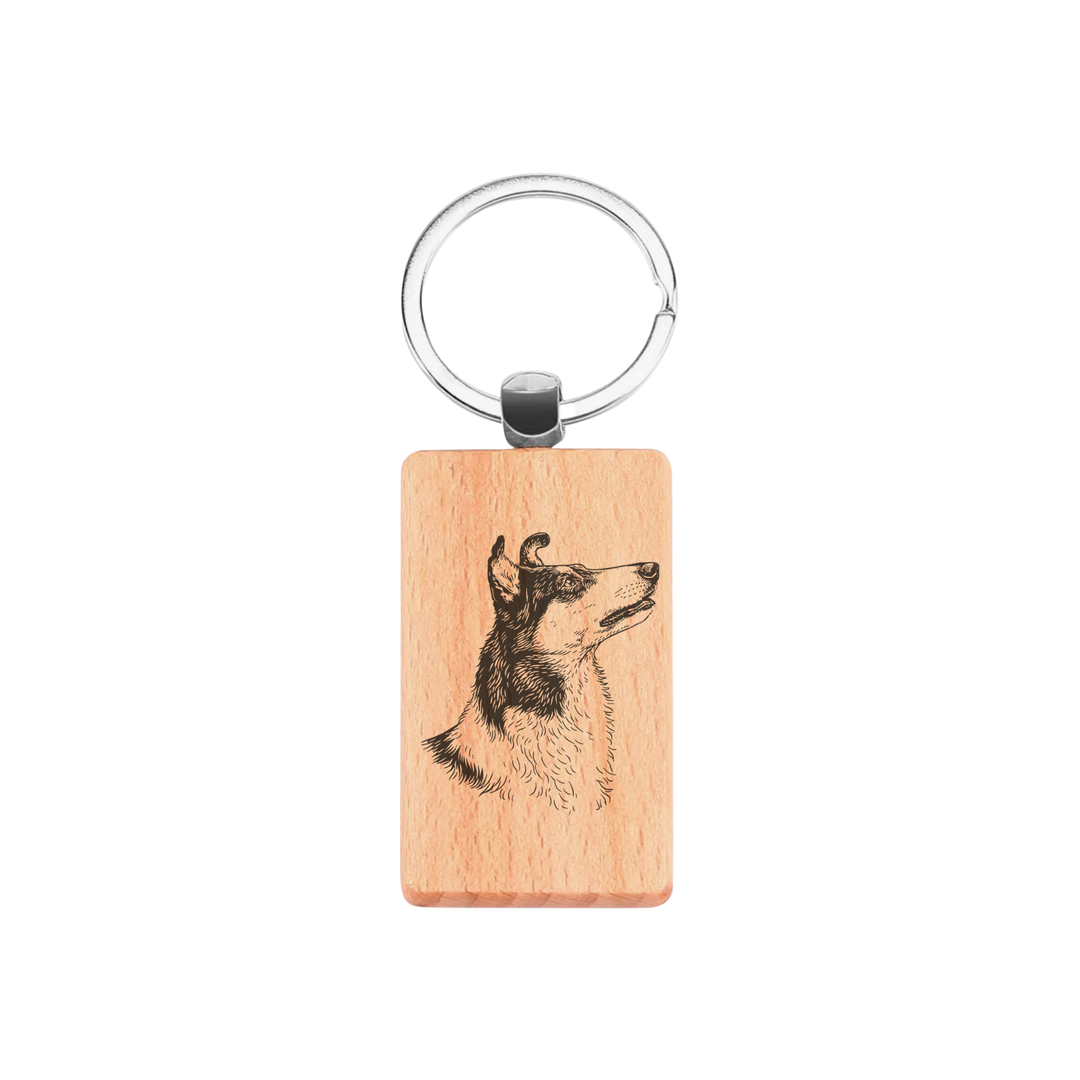 Smooth Collie Face Engraved Rectangle Wooden Keyring