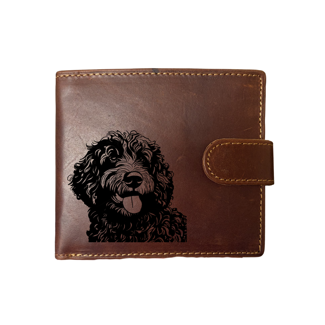 Personalised Spanish Water Dog Face Engraved Dark Tan Genuine Leather Wallet