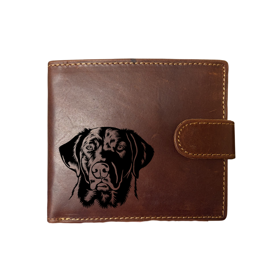 Personalised D Labrador Face Engraved Dark Tan Genuine Leather Wallet