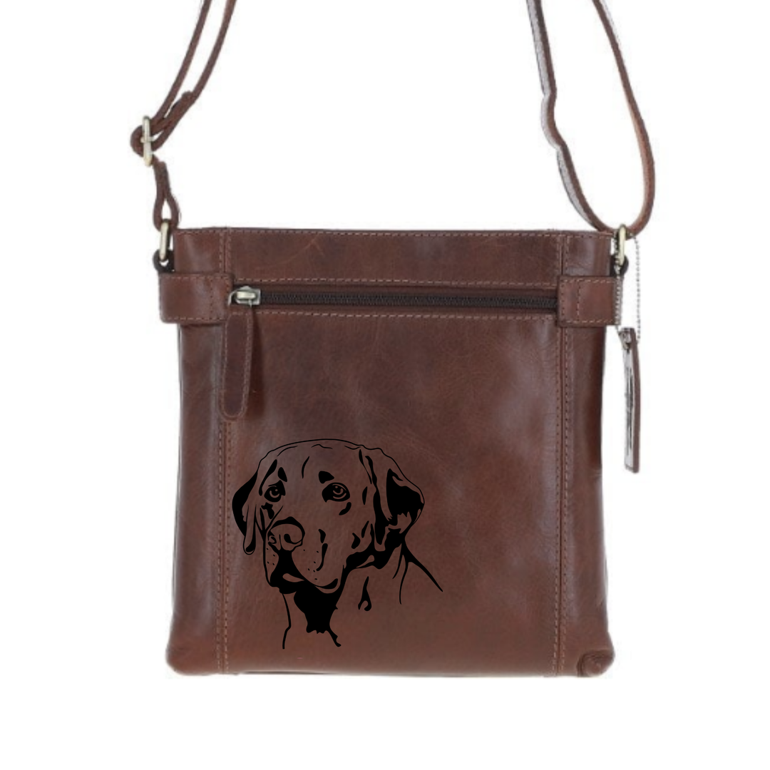 Labrador L Face Engraved Leather Two Section Zip Top Crossbody Bag