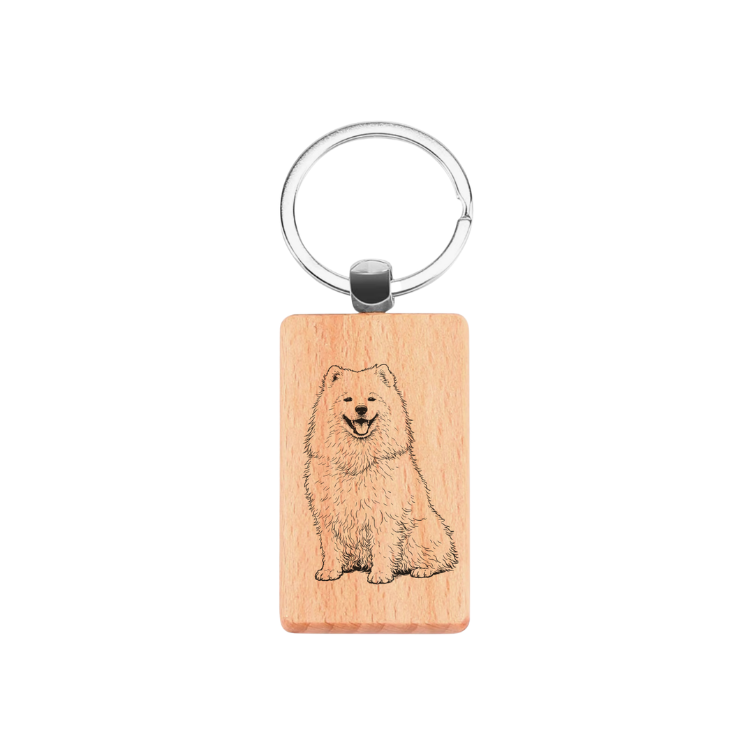 Samoyed Sitting Engraved Rectangle Wooden Keyring