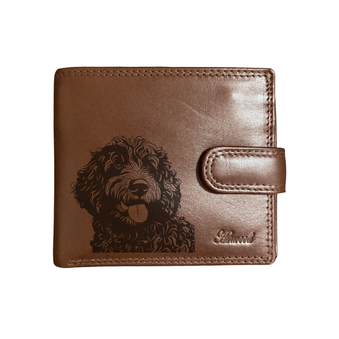 Personalised Spanish Water Dog Face Engraved Dark Tan Genuine Leather Wallet