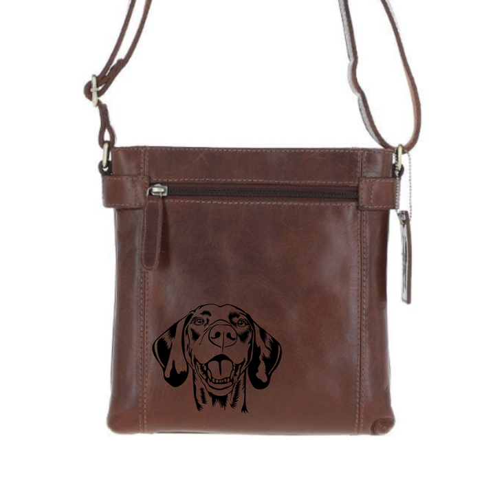 Vizsla Engraved Leather Two Section Zip Top Crossbody Bag