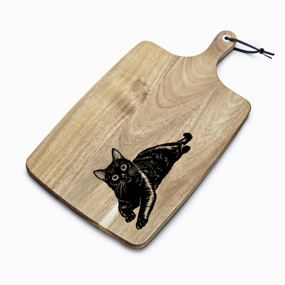 Personalised Black Cat Lying Down Engraved Acacia Serving Board