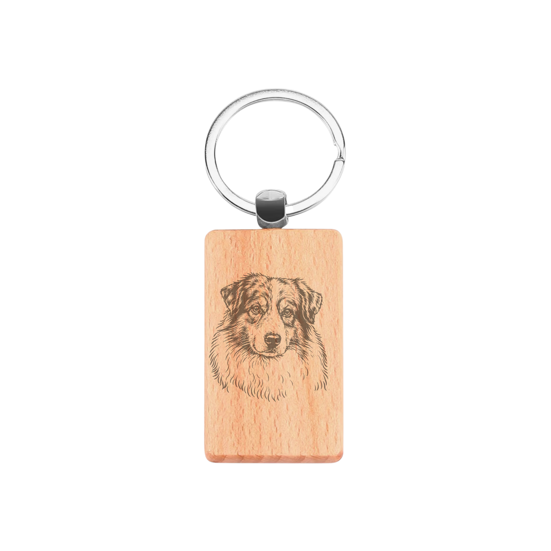 Australian Shepherd Face Engraved Rectangle Wooden Keyring