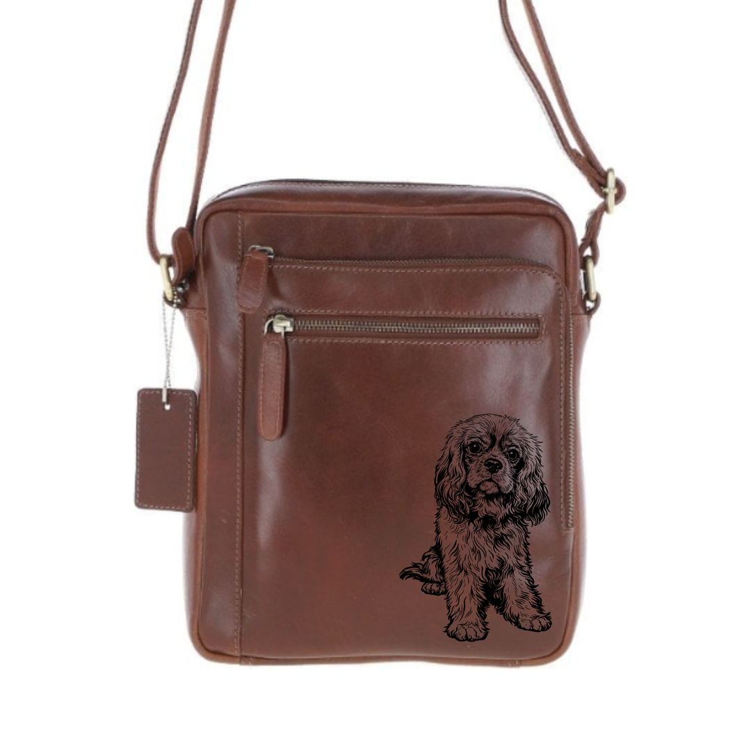 Personalised R Cavalier King Charles Sitting Engraved Leather Crossbody Bag
