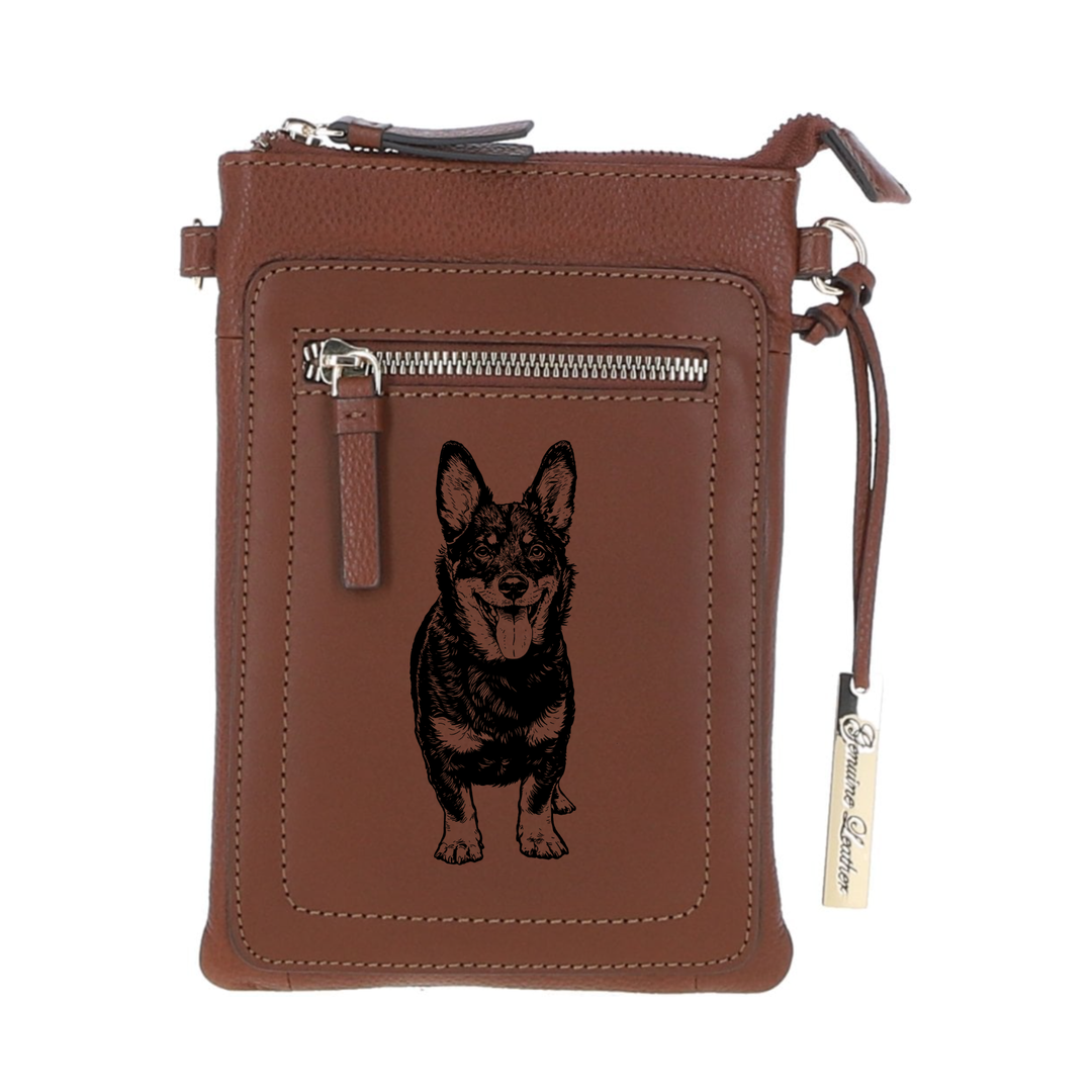 Personalised Lancashire Heeler Standing Engraved Leather Crossbody Smart Phone Bag