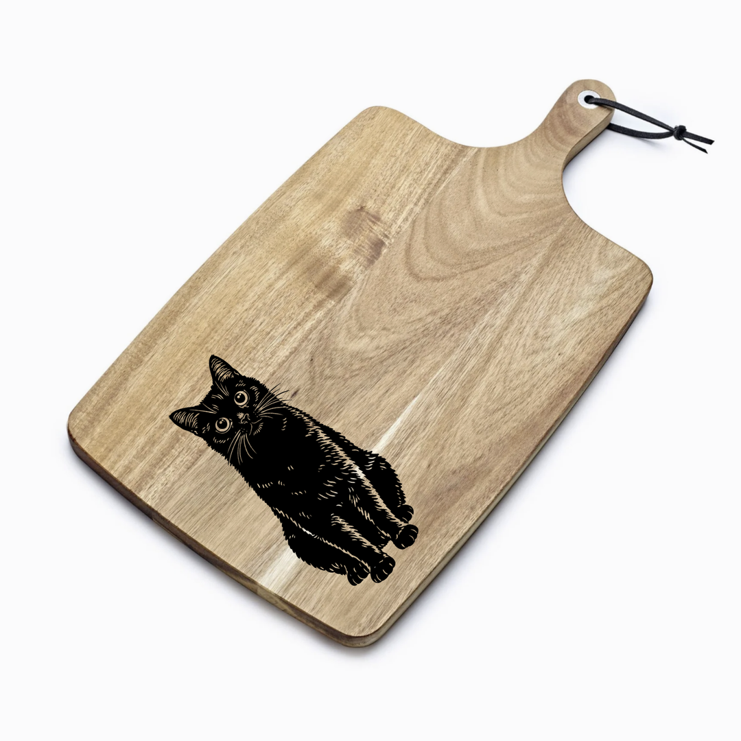 Personalised Black Cat Sitting Engraved Acacia Serving Board
