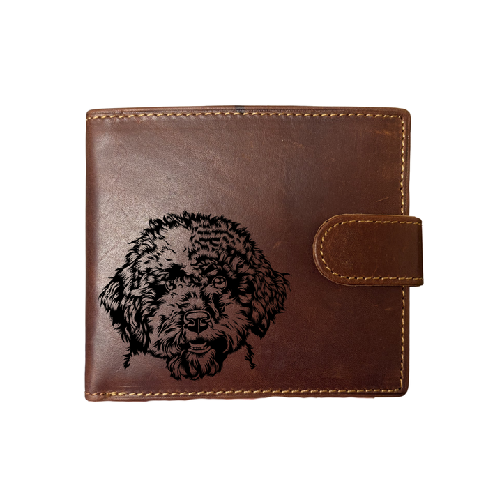 Personalised Lagotto Romagnolo Face Engraved Dark Tan Genuine Leather Wallet