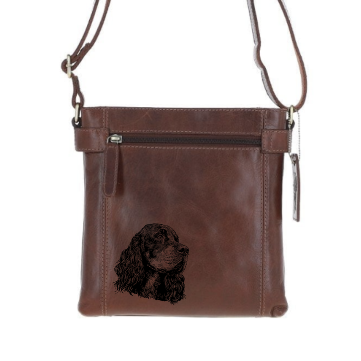 Gordon Setter Face Engraved Leather Two Section Zip Top Crossbody Bag