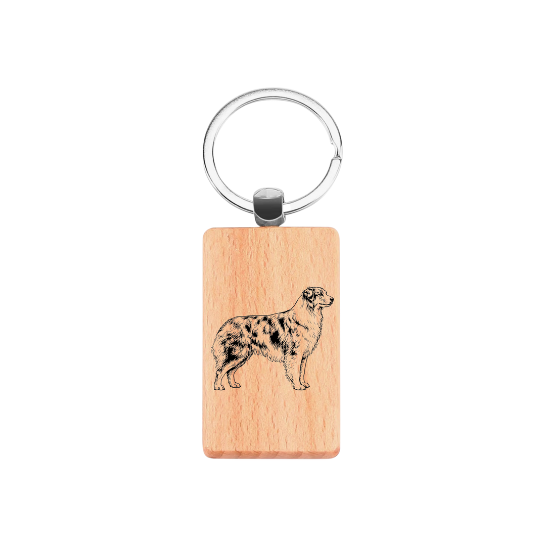 Australian Shepherd Standing Engraved Rectangle Wooden Keyring