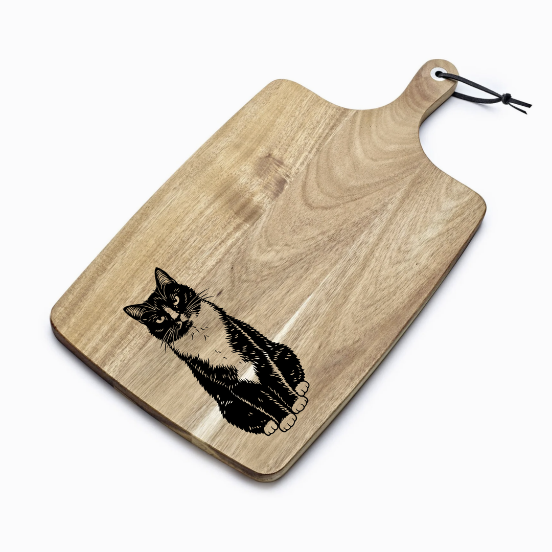 Personalised Tuxedo Cat Sitting Engraved Acacia Serving Board