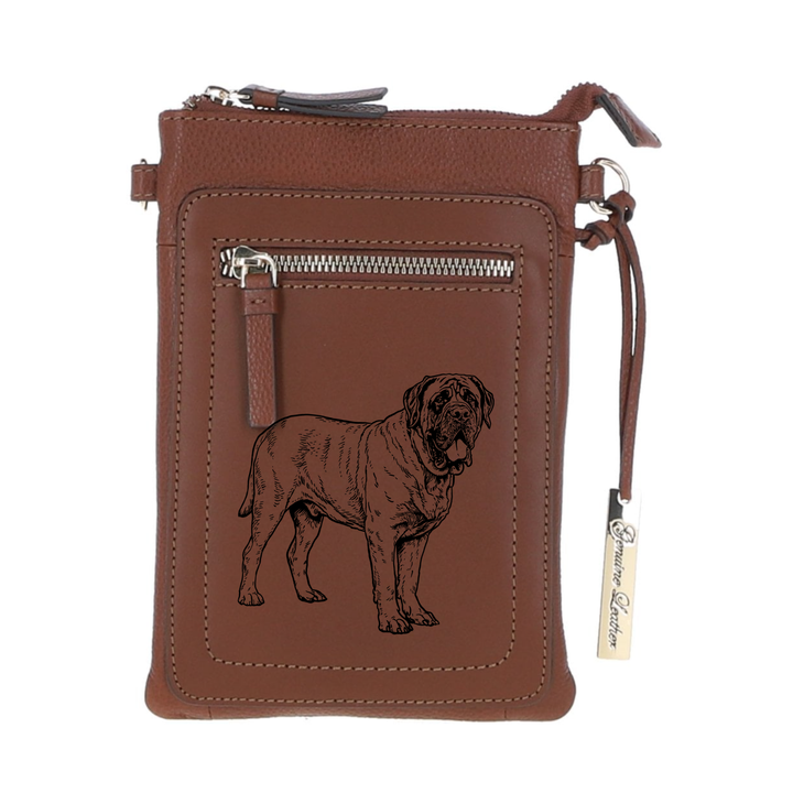 Personalised English Mastiff Standing Engraved Leather Crossbody Smart Phone Bag