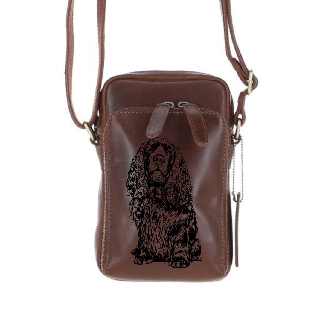 Personalised Sussex Spaniel Sitting Leather Compact Crossbody Bag