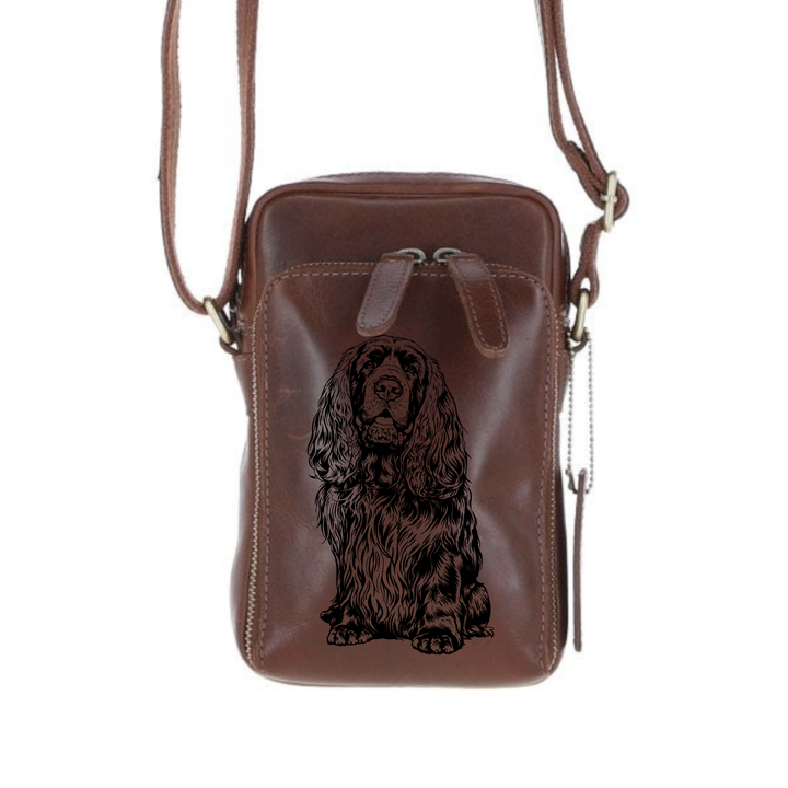 Personalised Sussex Spaniel Sitting Leather Compact Crossbody Bag