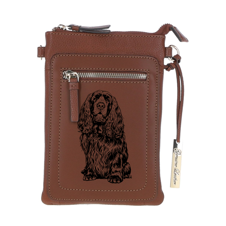 Personalised Sussex Spaniel Sitting Engraved Leather Crossbody Smart Phone Bag