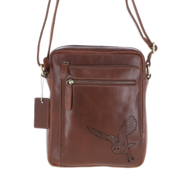Personalised Flying Barn Owl Engraved Leather Crossbody Bag