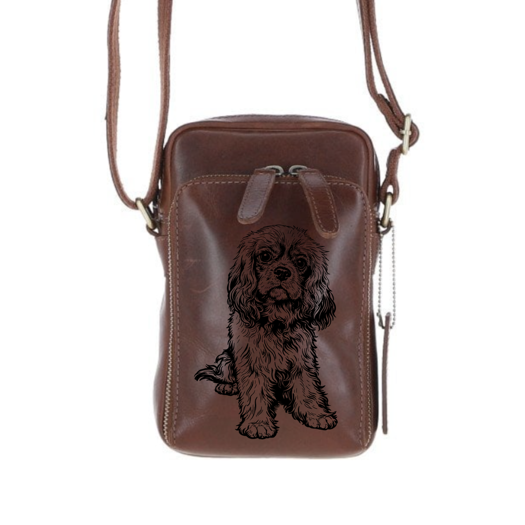 Personalised R Cavalier King Charles Spaniel Sitting Leather Compact Crossbody Bag