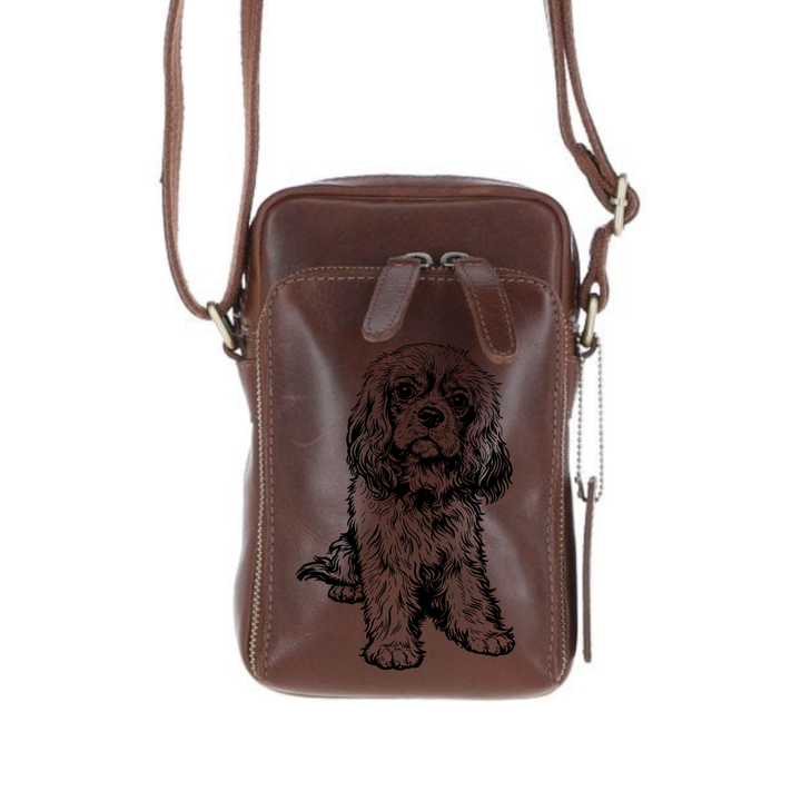 Personalised R Cavalier King Charles Spaniel Sitting Leather Compact Crossbody Bag