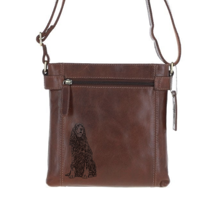 Gordon Setter Sitting Engraved Leather Two Section Zip Top Crossbody Bag